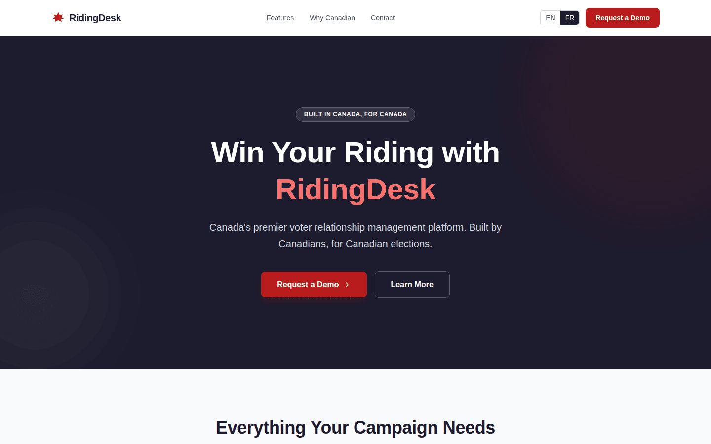 RidingDesk interface showing the EN/FR language toggle in the header and the French version of the dashboard