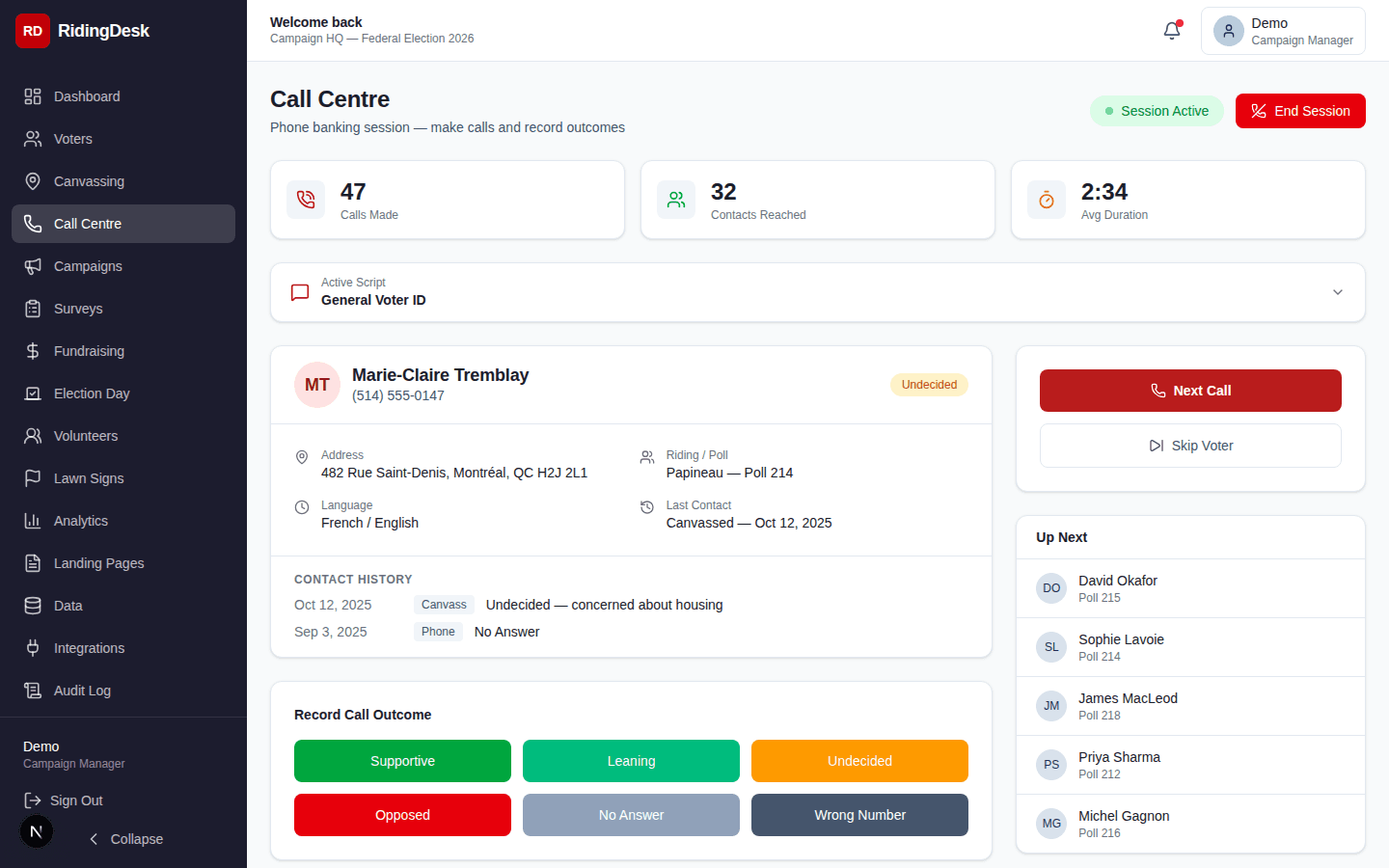 Call centre interface showing active phone bank session, caller script, and call logging form