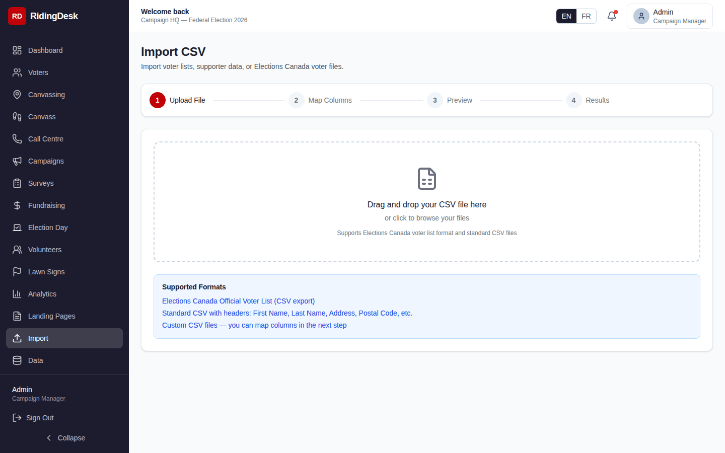 CSV import wizard showing the four-step process: upload, format selection, column mapping, and review