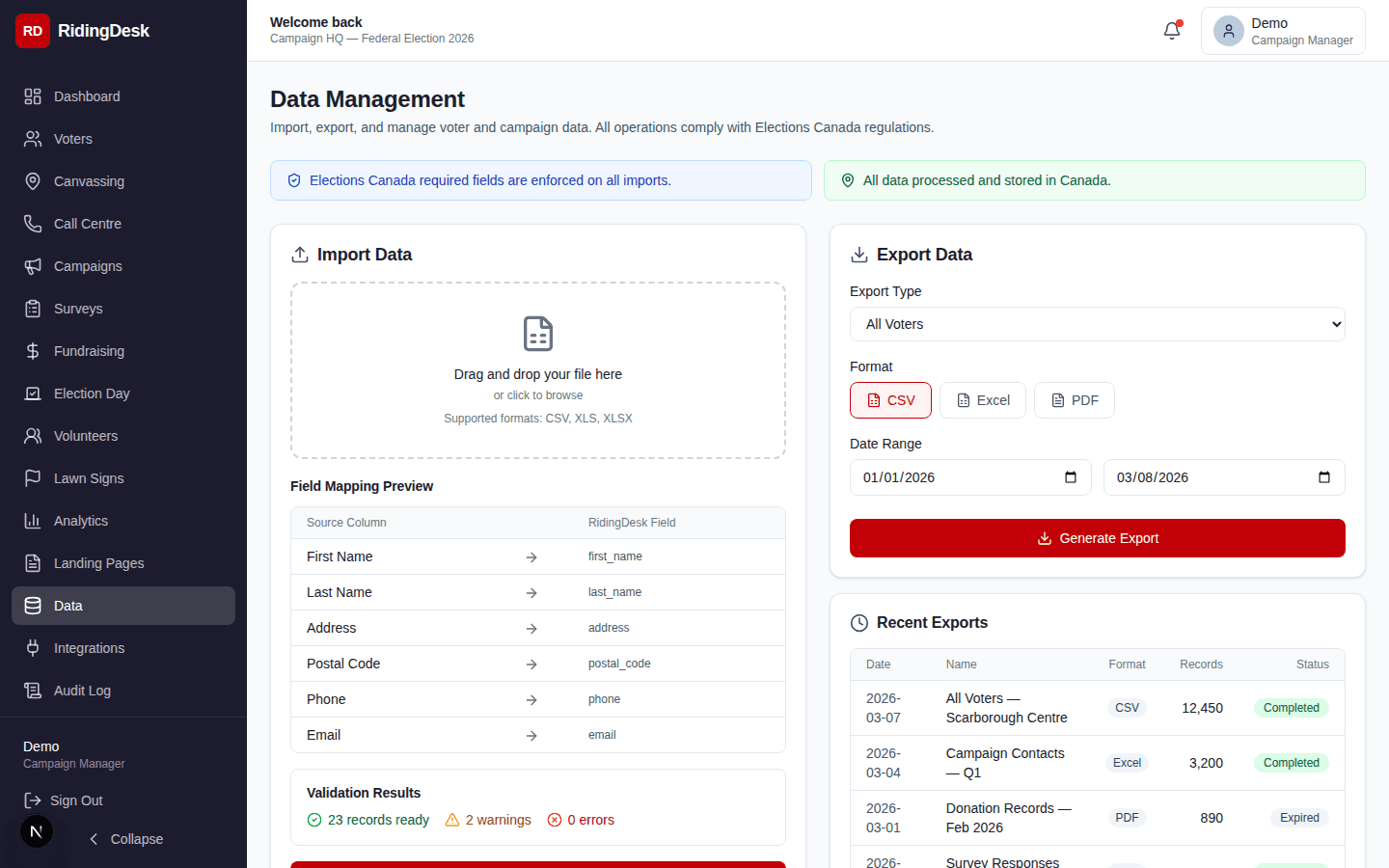 Data management showing import wizard, duplicate detection, and data quality dashboard