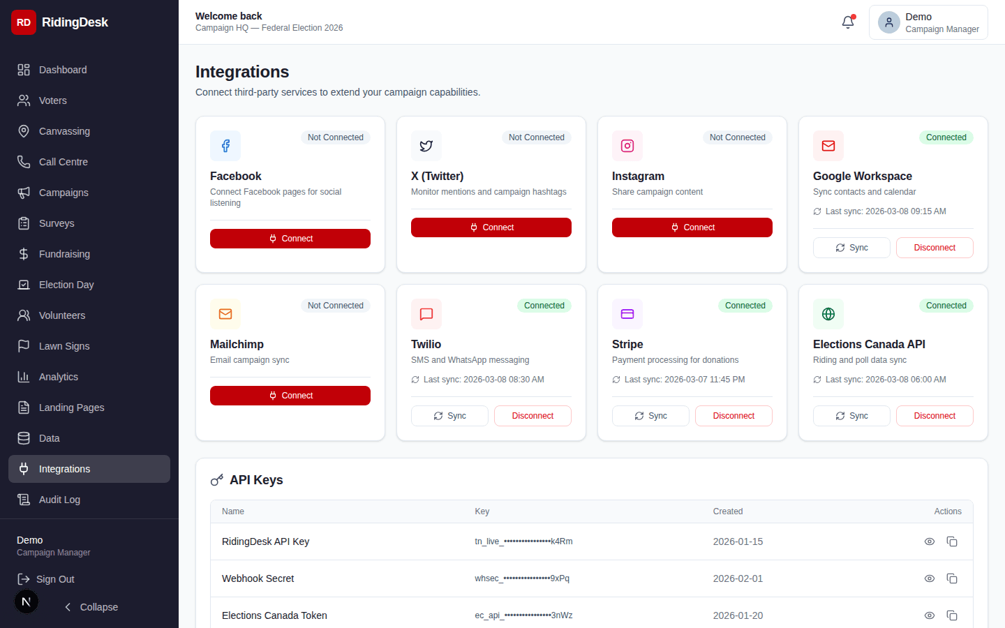 Integrations settings showing connected services, API keys, webhook configuration, and available integrations