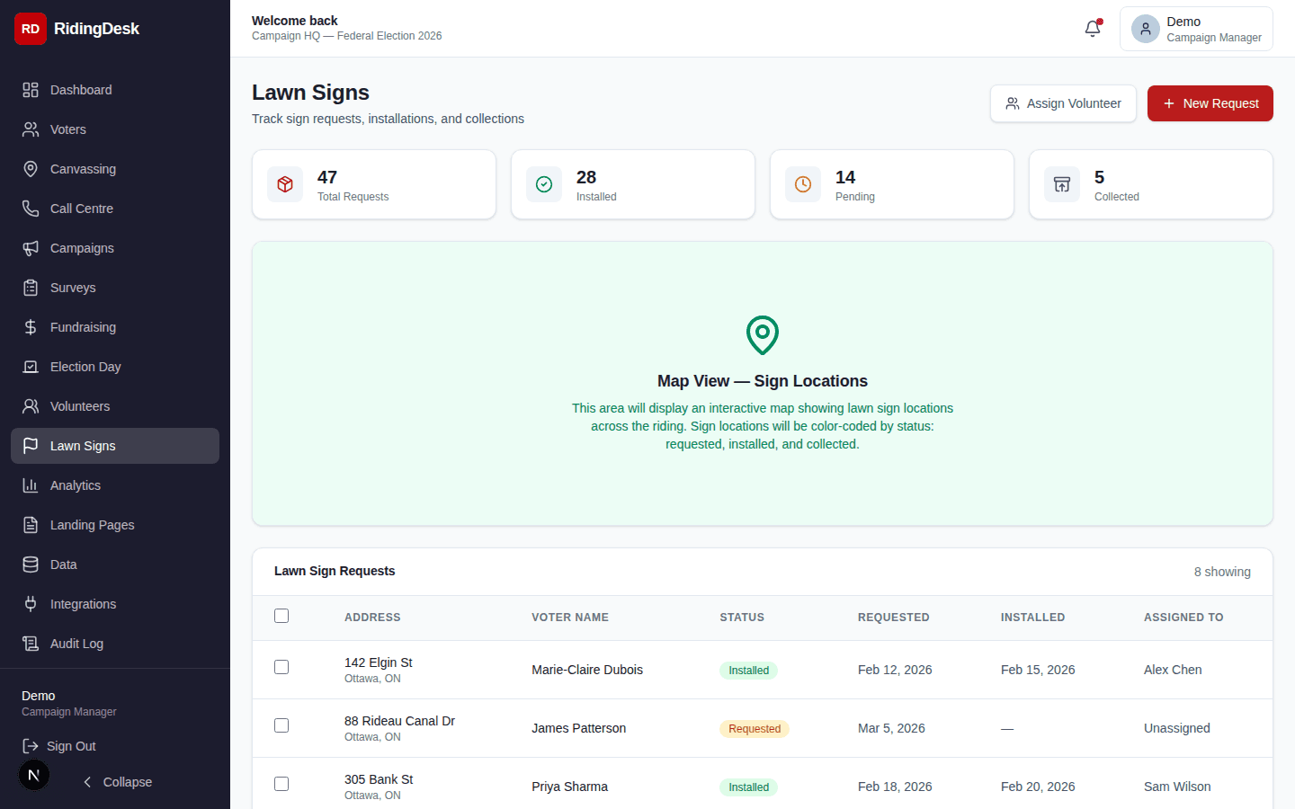 Lawn sign management showing request map, deployment routes, and sign status tracking