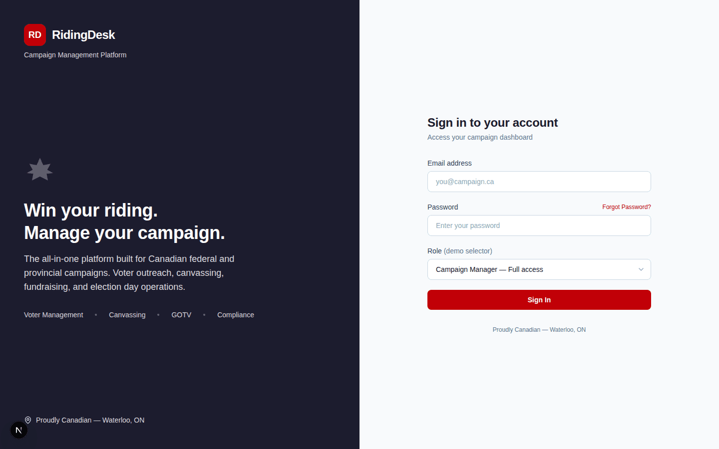 RidingDesk login screen with riding-specific branding