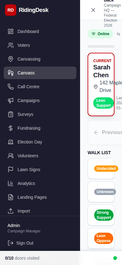 Mobile canvassing PWA showing walk list, offline indicator, and sync status