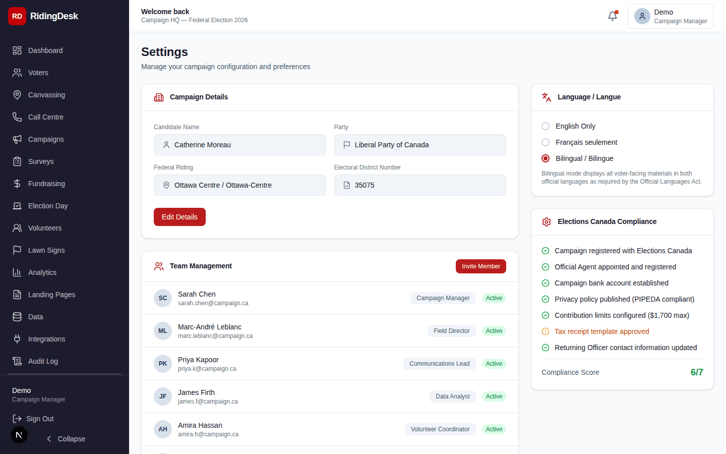 Settings page showing campaign configuration, team management, and role-based permissions