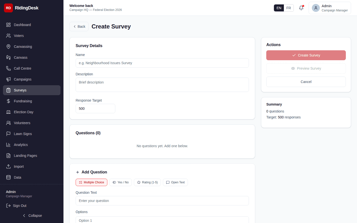 Survey builder showing drag-and-drop question editor, question type selector, and live preview